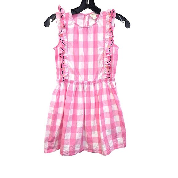 Crewcuts Girls Pink Gingham Dress Size 10 With Ruffle Trim & Embroidery Accents - Picture 1 of 11